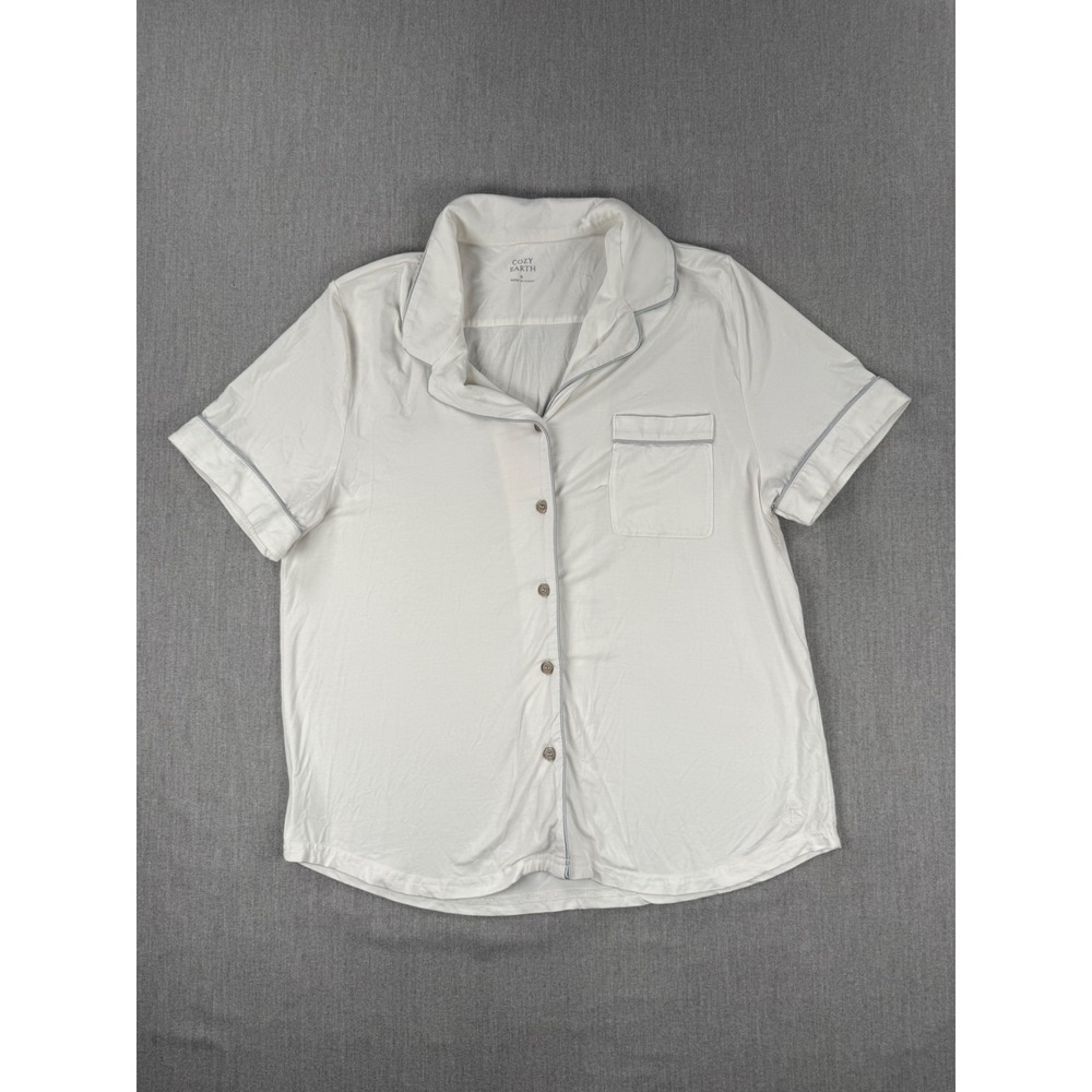 Cozy Earth White Bamboo Short Sleeve Pajama Shirt Button‎ Down Small Piping